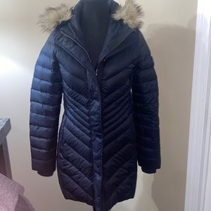 Abercrombie & Fitch Navy Puffer Coat with Faux Fur Hood